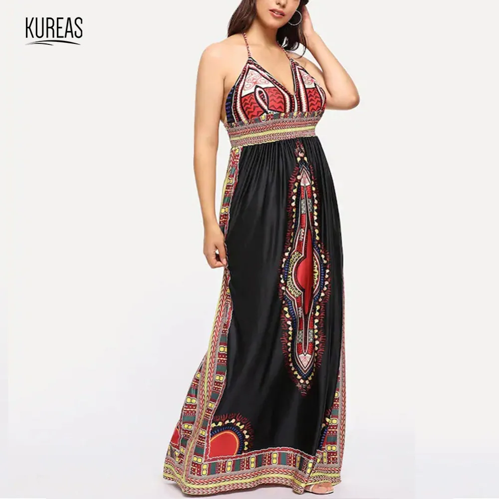 

Kureas African Summer Maxi Dresses Dashiki Robe Longue National Print Sexy Sundress Off Shoulder Beach Dress for Women