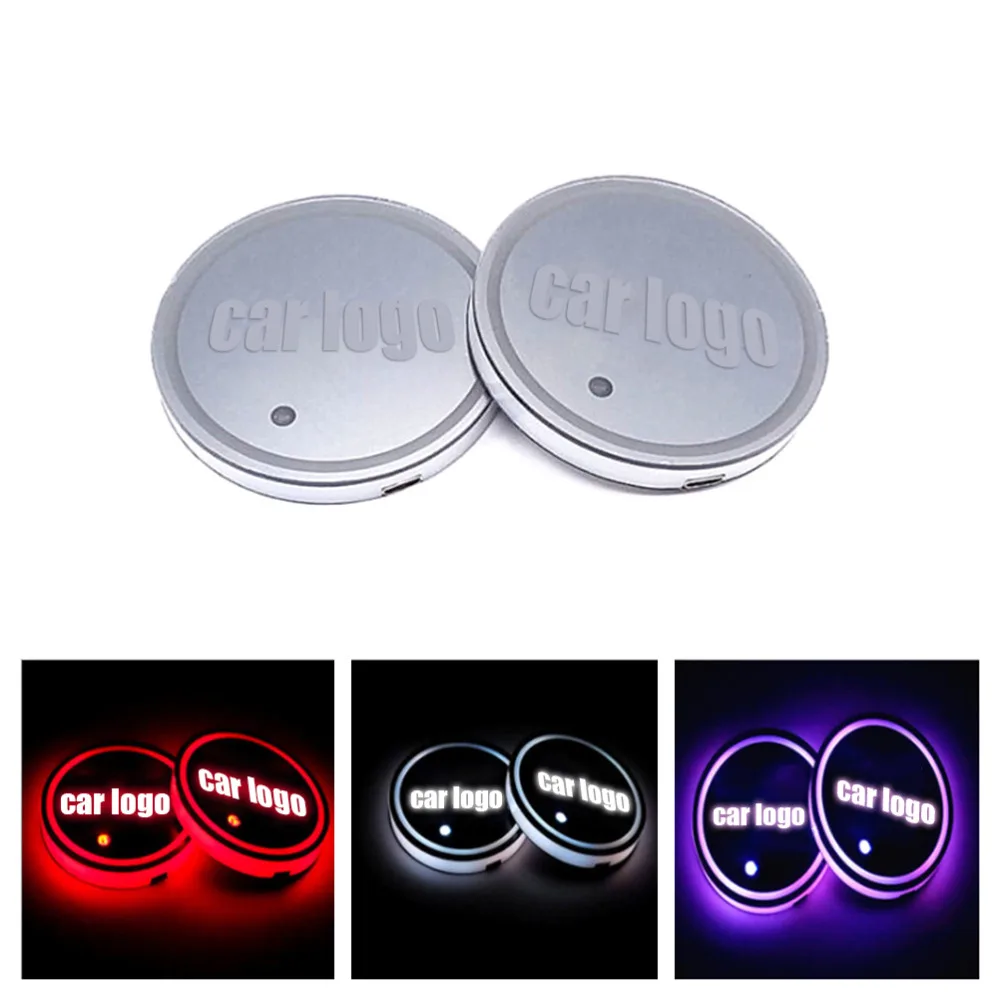 

2Pcs LED Car Logo Cup Holder Pads 7 Colors Changing USB Charging Mats Bottle Coasters Car Atmosphere Lamps