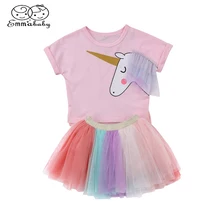 Emmababy Toddler Baby Clothing 2Pcs Set Kids Baby Girls Short Unicorn T-shirt Tops+Lace Mini Skirt Outfits Clothes Summer 6M-5T