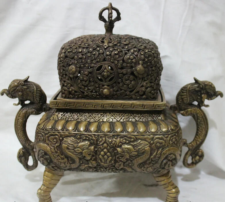

Elegant old S2252 11" Tibet Tibetan Copper Bronze 2 Dragon Vajra Buddhism Incense Burner Censer (A0321)