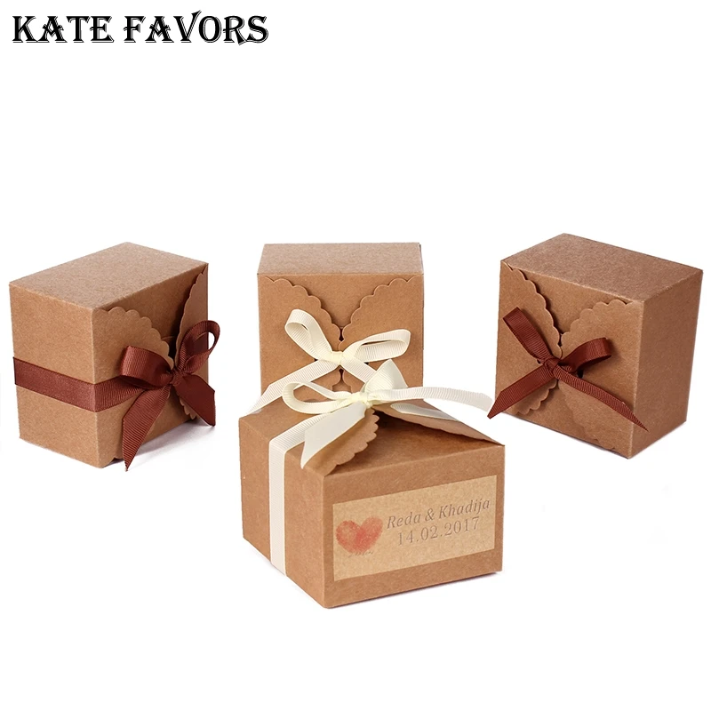 48Pcs Personalized Brown Kraft Paper Cookie Box Bags Candy Biscuit