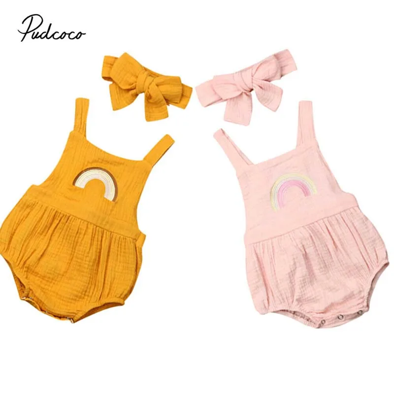 

2019 Brand Newborn Toddler Baby Girl Clothes Cute Rainbow Bodysuit Headband Summer Sleeveless New Sunsuit Outfit Playsuit 0-18M