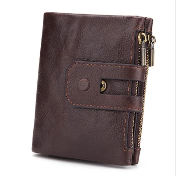 

RFID double zipper seventy percent off purses men's short soft face wallet Oil and wax leather for wear resistance