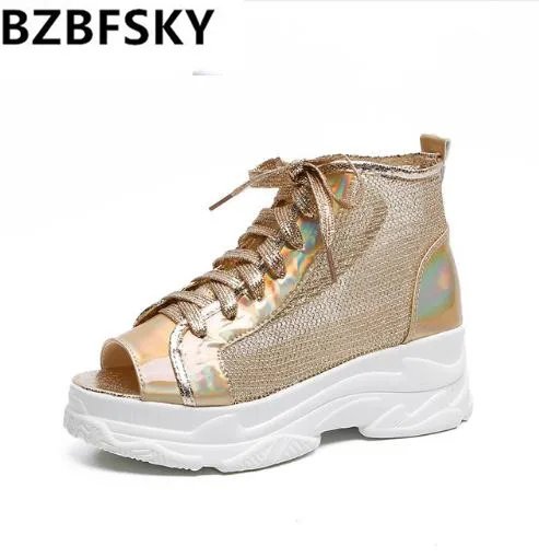 

BZBFSKY womens high platform peep toe lace up gold sandals 2019 summer autumn thick bottom causal shoes woman silver sandalias