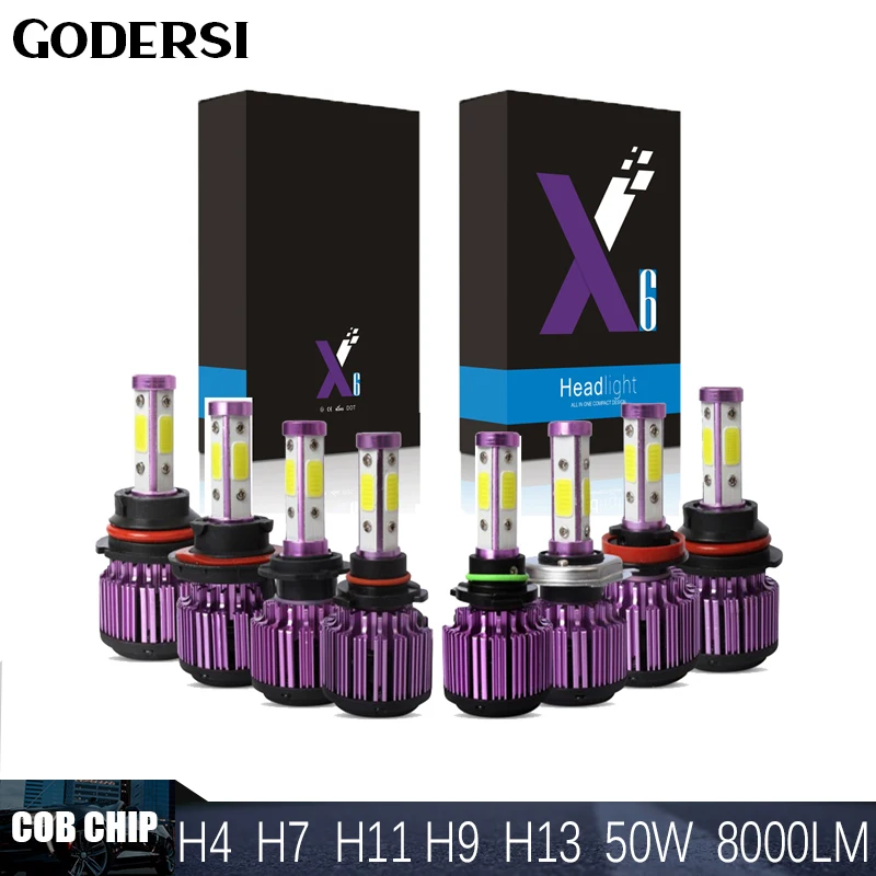 

Godersi X6 Cob Chip Car LED Headlight 32V 50W 8000LM H4 H11 H7 9006 Waterproof 2PCS 4 Side Purple Auto Led Headlight Bulbs