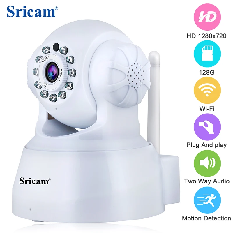 

Sricam SP012 Wireless IP Camera 720P Wifi Pan / Tilt Surveillance ONVIF P2P Baby Monitor Support SD card 128G Remote View Webcam