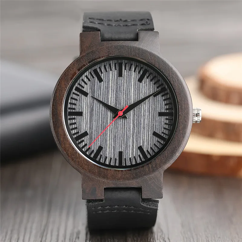 

Fashion Cool Ebony Design Wooden Quartz Wristwatch Scale Dial Black Genuine Leather Band Hand-made Cost-effective Men Watch Gift
