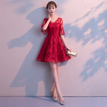 

Red Short Evening Dress 2019 Summer Traditional Chinese Dress Lace Cheongsam Qipao Flower Bridesmaid Party Wedding Dresses
