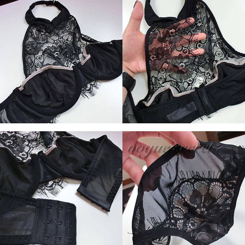 YANDW New Transparent Panties Halter Bra Set Embroidery Black Sexy lingerie Lace Bralette Flower Elegant Bras Sets For Women