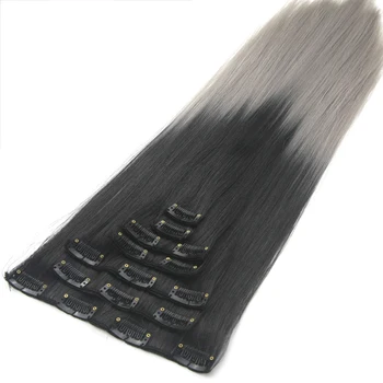 Soowee 24inch 7pcs/set 16Clips Full Head Straight Synthetic Hairpieces Heat Resistant Black to Grey Ombre Clip in Hair Extension 1