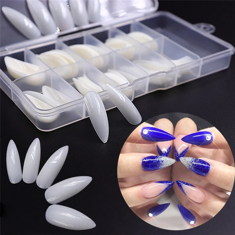 

100pcs/box Long Stiletto Flase Nail Art Tips White/Clear/Natural Coffin Ballerina Nails Flat Shape Full Cover Acrylic Fake Nails