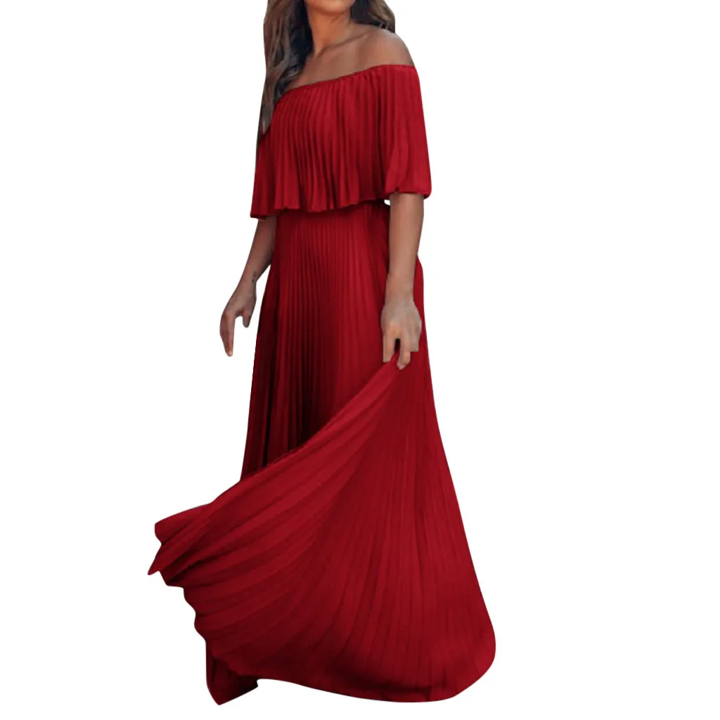 

JAYCOSIN dress Women Off Shoulder Solid Layered Evening Party Short Sleeve Pleated Fashion Floor-Length Slash neck Dress