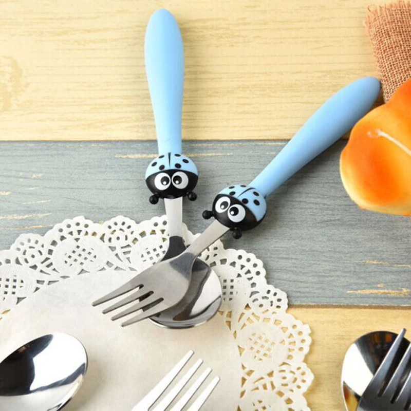 

2pcs/set Cartoon Portable Kids Cutlery Ladybug Bee Dinnerware Sets Children Tableware Suit Stainless Steel Fork Set D