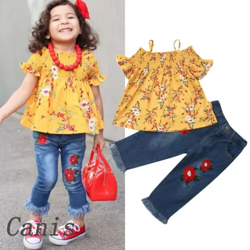

Summer Kids Baby Girl Clothes Flower Tops Dress Denim Pants Overall 2PCS Outfit