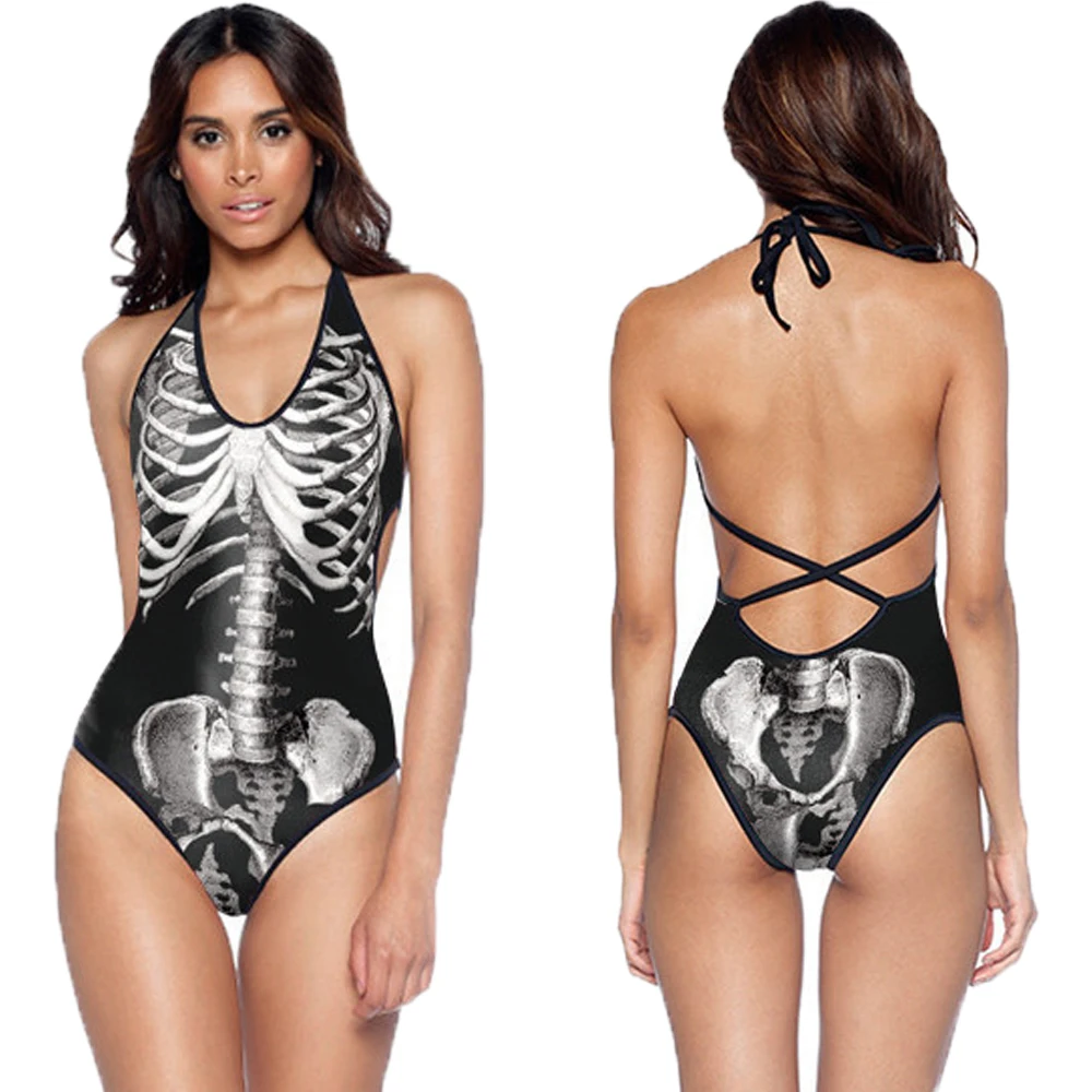 

Cosplay Rib Skull Bone One Piece Swimwear Punk Women V Neck Monokinis Skeleton Halter Bandage Beach Surfing Bathing Suit