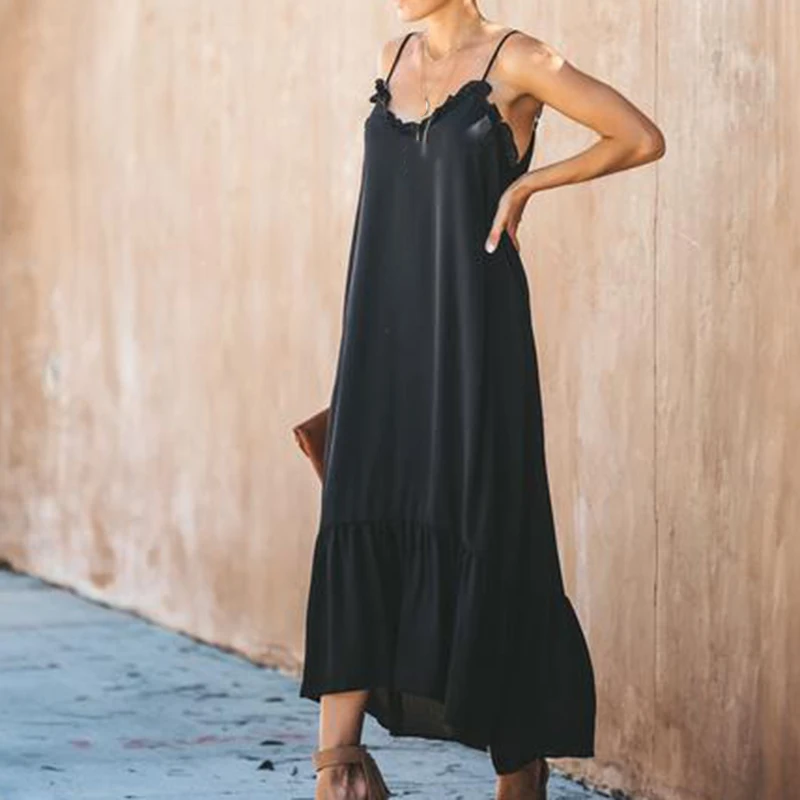 

V-Neck Backless Women Khaki Color Dress Straps Refreshing Loose Dress