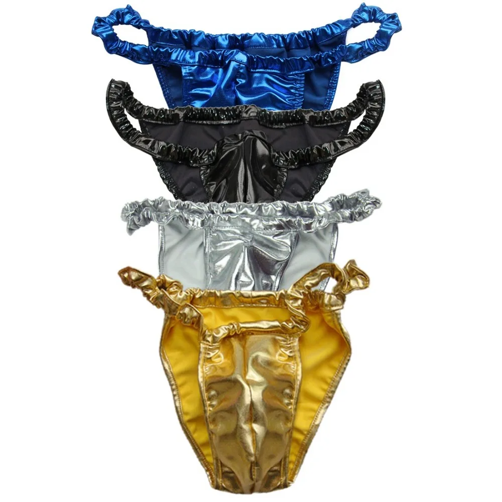 YiZYiF Sexy Gay Mens Loose Soft Shiny Spandex & Latex Rubber Briefs Underwear Sexy Mens Bull like Lingerie Briefs Underpants