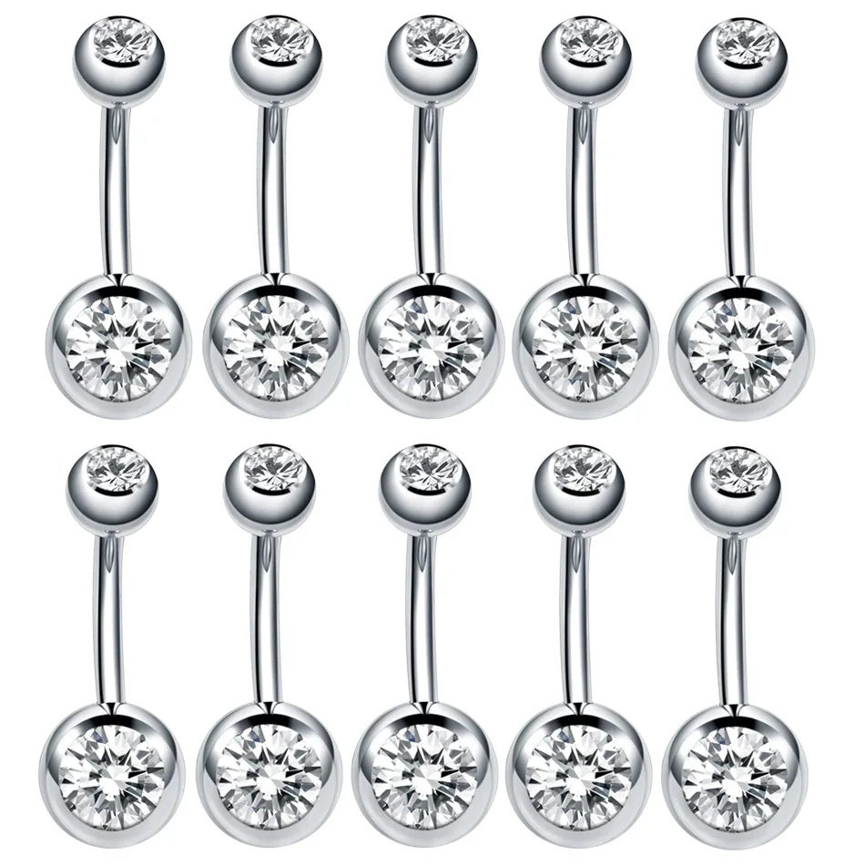 Modrsa 10pcs/lot Stainless Steel Double Crystal Navel Ring Black Rose Gold Belly Button Rings
