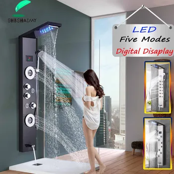 

SHBSHAIMY Detachable Rain Waterfall LED Shower Panel Wall Mounted With Digital Display Hot and Cold MixersBlack/Brushed