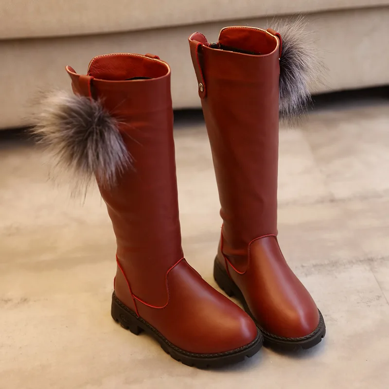 new year Winter Genuine Leather High Girls Boots Fur Kids Girls