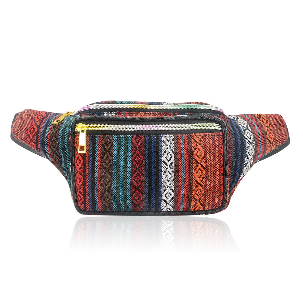 

Emarald Fashion Women Waist Packs Fabric Fanny Pack National style Double Zipper Waist Bag Bohemian Tribal Phone Belt Bag