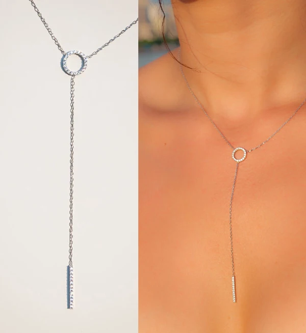 Серебряное ожерелье, женские модели микро проложить круглый фианит длинный бар Y Форма женщин серебряная цепь сексуальное ожерелье