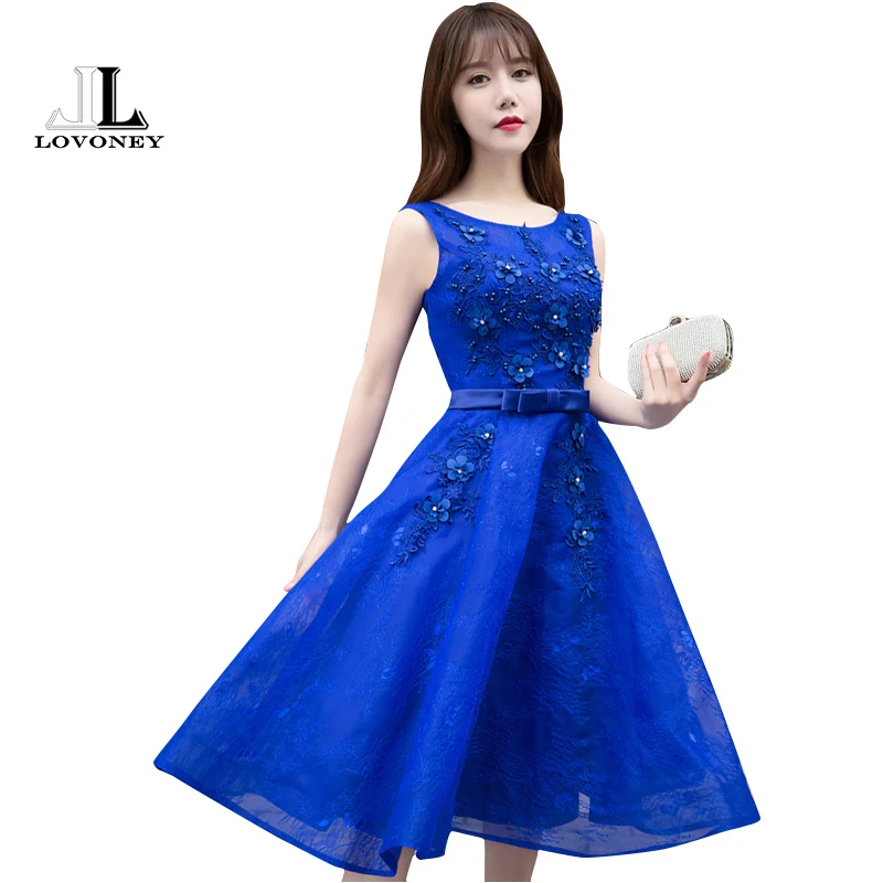

DEERVEADO Short Evening Dress 2019 A-Line O-Neck Lace Dress Formal Prom Party Dresses Evening Gown Sexy Lace-Up Open Back T417