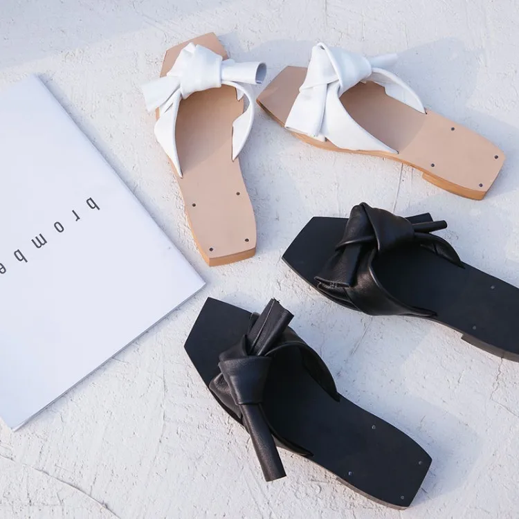

2018 Hot Summer Shoes Woman Slippers Leather Flats Butterfly-knot Design Slippers Slides Concise Lazy Tipe Slippers Shoes Woman