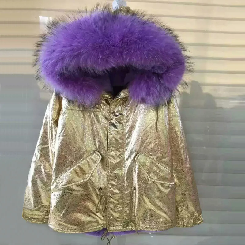 Elegant Slim Leather gold foil leather short winter parka long fur jacket faux furin Faux Fur