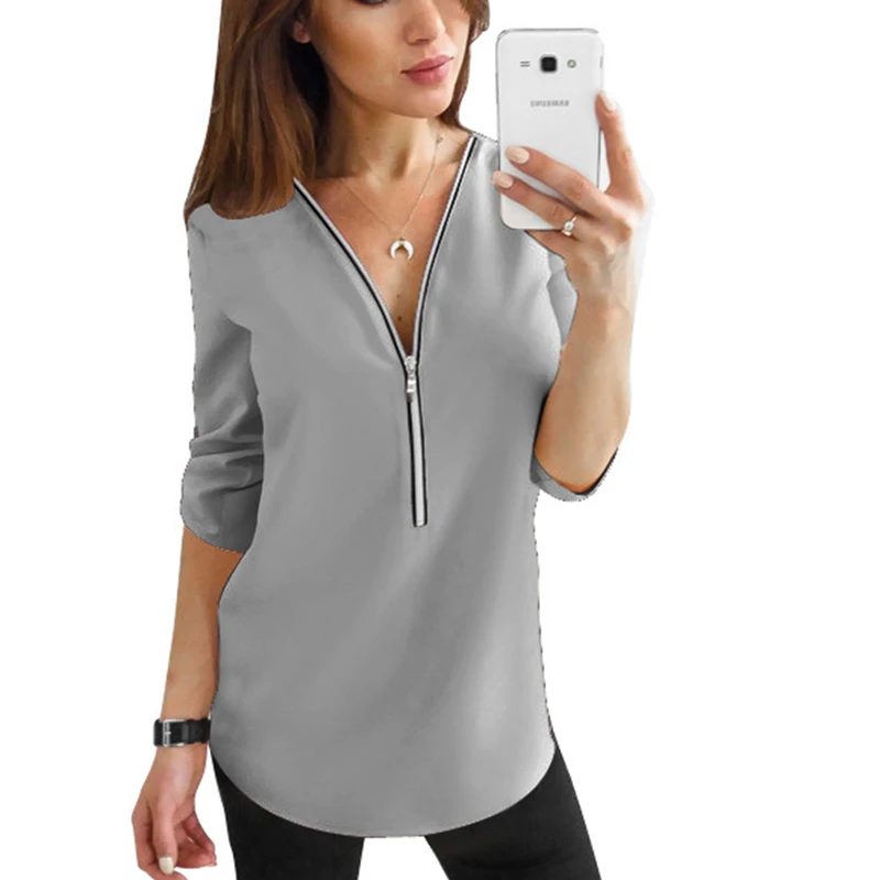 5XL размера плюс на молнии с коротким рукавом женские сексуальные блузки V образным вырезом Твердые Женские топы и блузки повседневные футболки Топы женские - Цвет: Gray