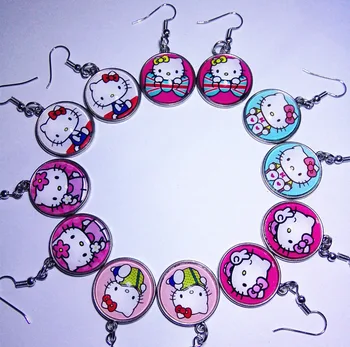 

12pairs/lot KT picture random Hello kitty glass earrings Cartoon Movie ear pendants Children girls Drop Earrings Lovely earbob