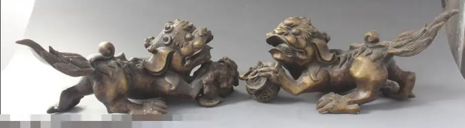 

S00094 11" Chinese Pure Bronze Guardian Phylactery Foo Fu Dog Lion Ball Kid Pair Statue (B0413)