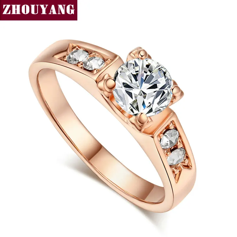 ZHOUYANG обручальное кольцо для женщин, классическое 6 мм зубчатое кольцо с кубическим цирконием, обручальное модное ювелирное изделие, подарок на день рождения R051 R052 - Цвет основного камня: RoseGold