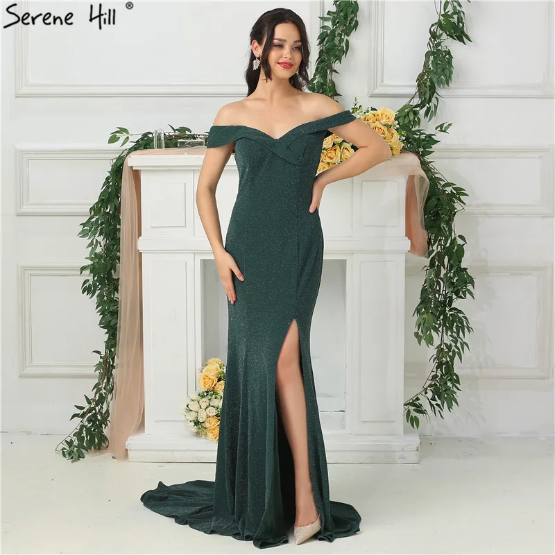 2021 Green Sleeveless Off Shoulder Prom Dresses Boat Neck Simple Sexy Evening Gowns Real Photo Serene Hill LA6683 | Свадьбы и