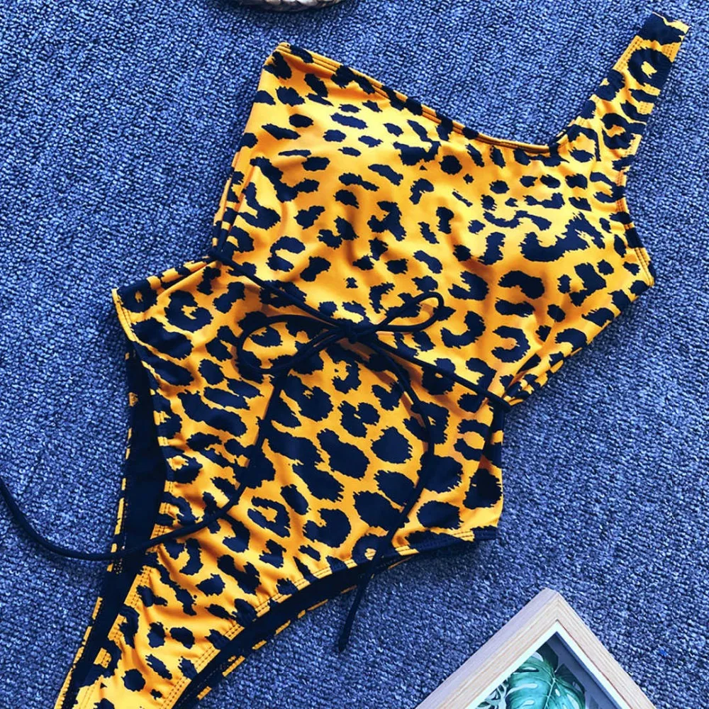 Женский купальник на одно плечо, сдельный купальник, женский купальник с завязками на талии, сексуальный купальный костюм с принтом, Дамский Монокини V1308