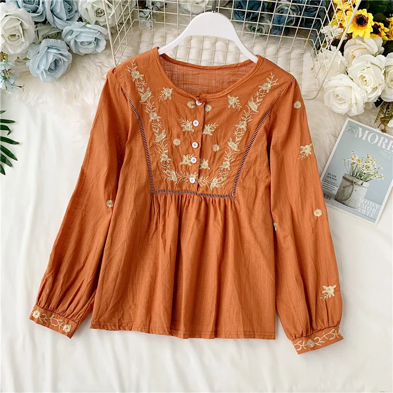 

Neploe Women Floral Embroidery Blouse Lantern Sleeve Hollow Out Casual Shirts Vintage Palace Style Tops Pleated Femme Blusas