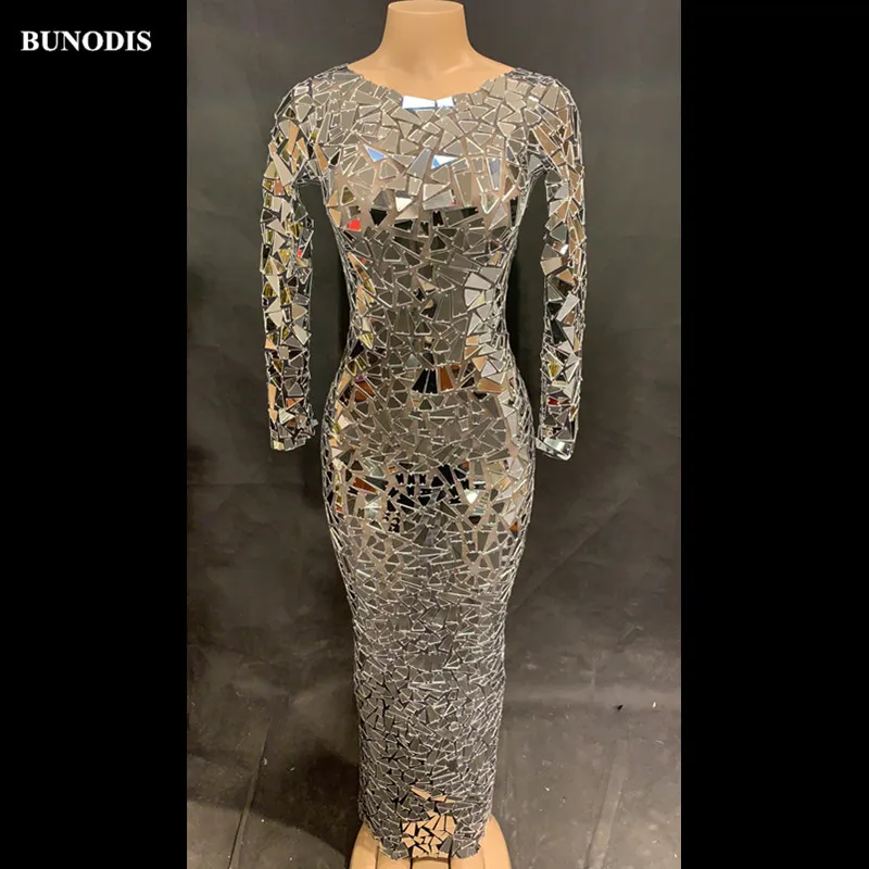 

ZD454 Women Sexy Black Net Yarn Long Skirt Full Small Silver Sparkle Mirrors Nightclub Party Stage Wear Bling Costumes