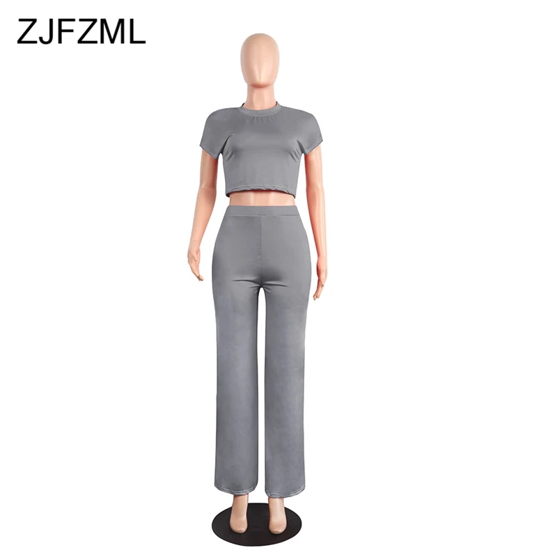 ZJFZML Повседневное из двух частей костюм Для женщин с круглым вырезом короткий рукав укороченный топ+ карманы длинные широкие штанины Летняя одежда 2 предмета Комплект