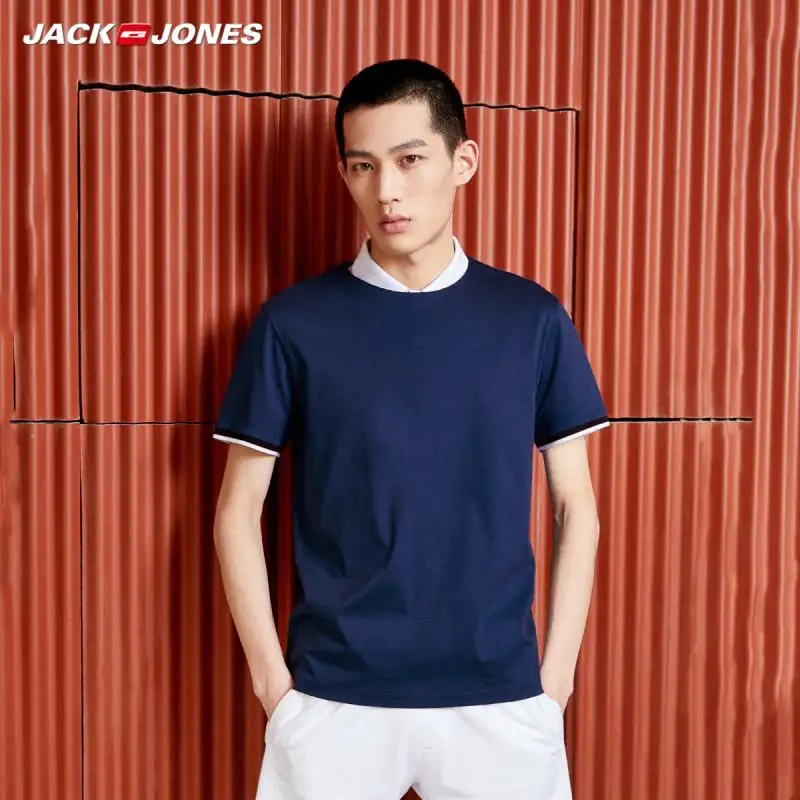JackJones Мужская хлопковая контрастная Однотонная футболка с круглым вырезом и короткими рукавами | 219201509 - Цвет: NIGHT SKY