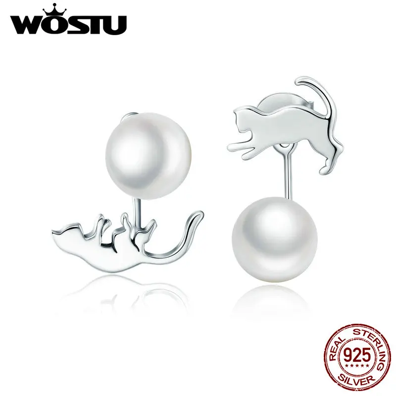 

WOSTU High Quality Real 925 Sterling Silver Cute Cat Pearl Drop Earrings For Women Engagement Wedding Luxury Jewelry CQE364