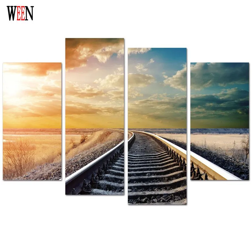 WEEN Sunset Train Track Canvas Art 4Pcs Modern Wall Pictures Painting