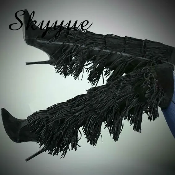 

SKYYUE New Black Pointed Toe Thin HIgh Heel Women Long Boots Gladiator Fringe Over The Knee HIgh Thigh High Boots