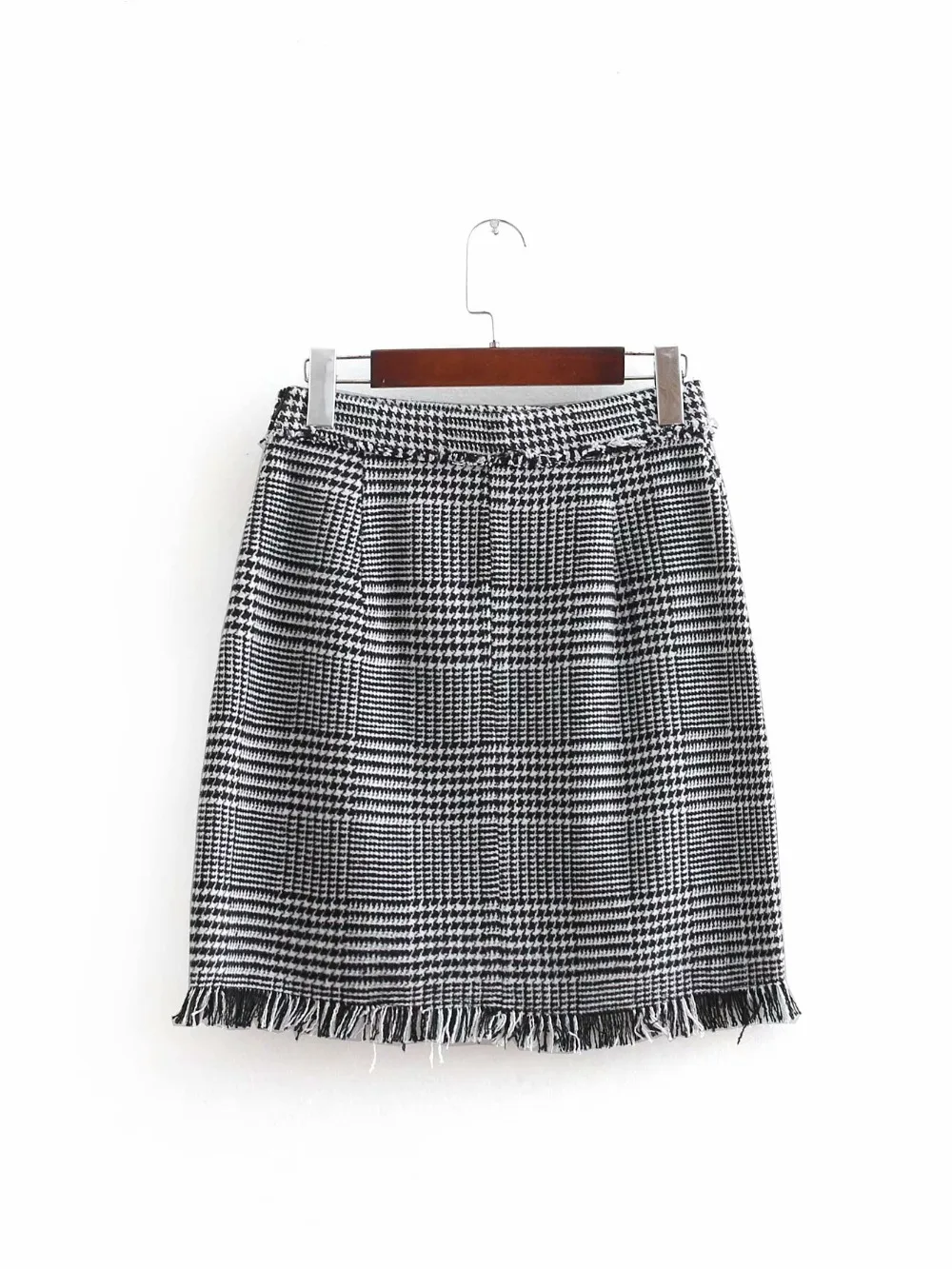 Женская винтажная твидовая клетчатая трапециевидная Юбка faldas mujer с пуговицами, тонкая короткая юбка на молнии, деловая одежда, мини-юбка с кисточками QUN115