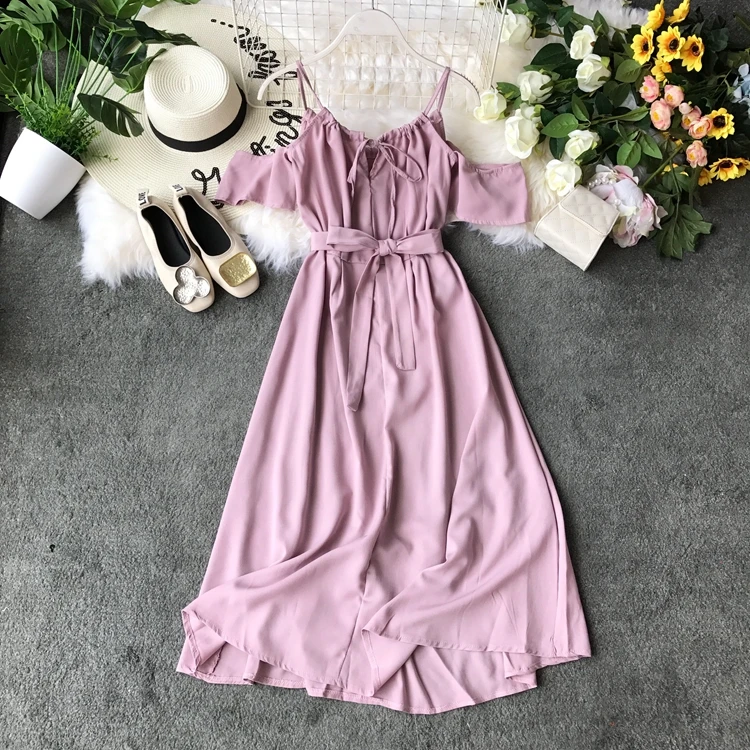 

Women Casual Blending Off Shoulders Long Slip Dress Ladies Fashion Beach Holiday Spaghetti Strap Solid Mid-calf Sling Dress