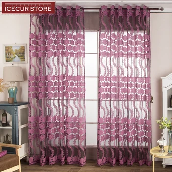 

ICECUR Exquisite Floral Jacquard Rustic Sheer Voile Tulle Curtains for Living Room Bedroom Kitchen Purple Blue Curtains Drapes
