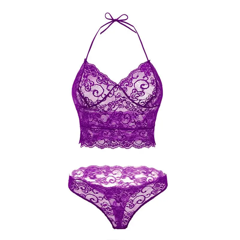 2pcs Transparent Women Bra Set Lace Lingerie Set Sexy Hot Erotic Flowers Purple Seamless Underwear Brief Lenceria_voghion.com
