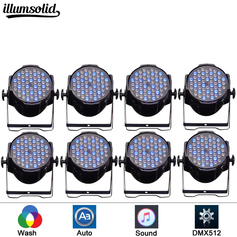 

8pcs/lot Sound-Active 54X3W RGBW LED PAR Light PAR 64 Can for Stage DJ Dance Lights with aluminum housing