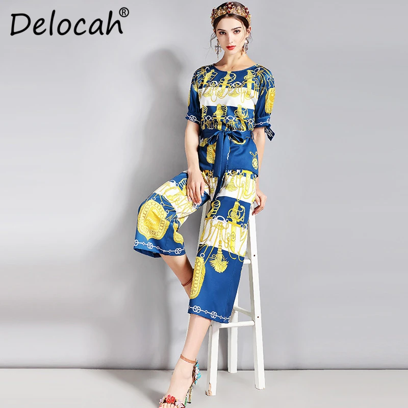 Costumes Élégant Printemps pièces Deux Designer Femmes Été Ceinture De Piste Supérieure Imprimé Pantalon Jeu Ensemble Qualité Fashion Top Multi Delocah pPqw0q