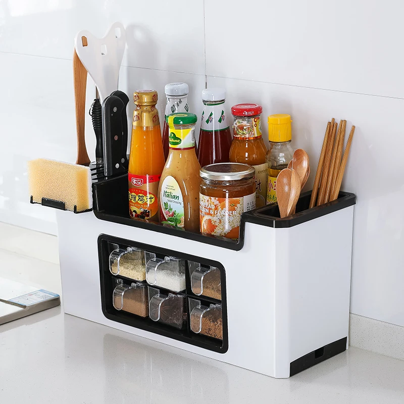 

Multifunction Seasoning Box Plastic Spice Jar Set Cooking Salt Pepper Storage Condiment With Knife Holder Rack Kitchen Tools