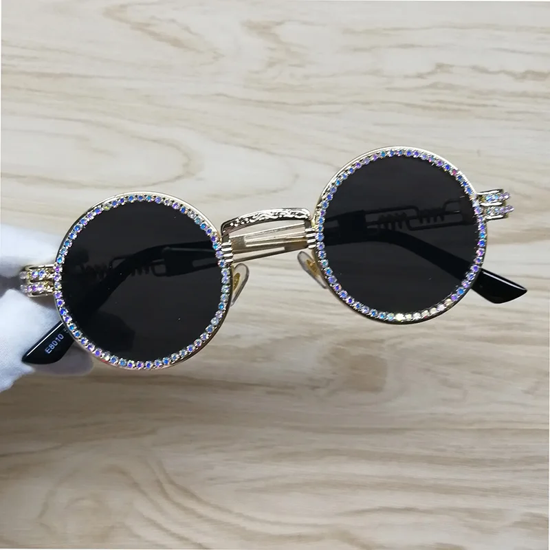 Круглые Солнцезащитные очки в стиле стимпанк, металлическая оправа, стразы, прозрачные линзы, Ретро стиль, круглая оправа, солнцезащитные очки
